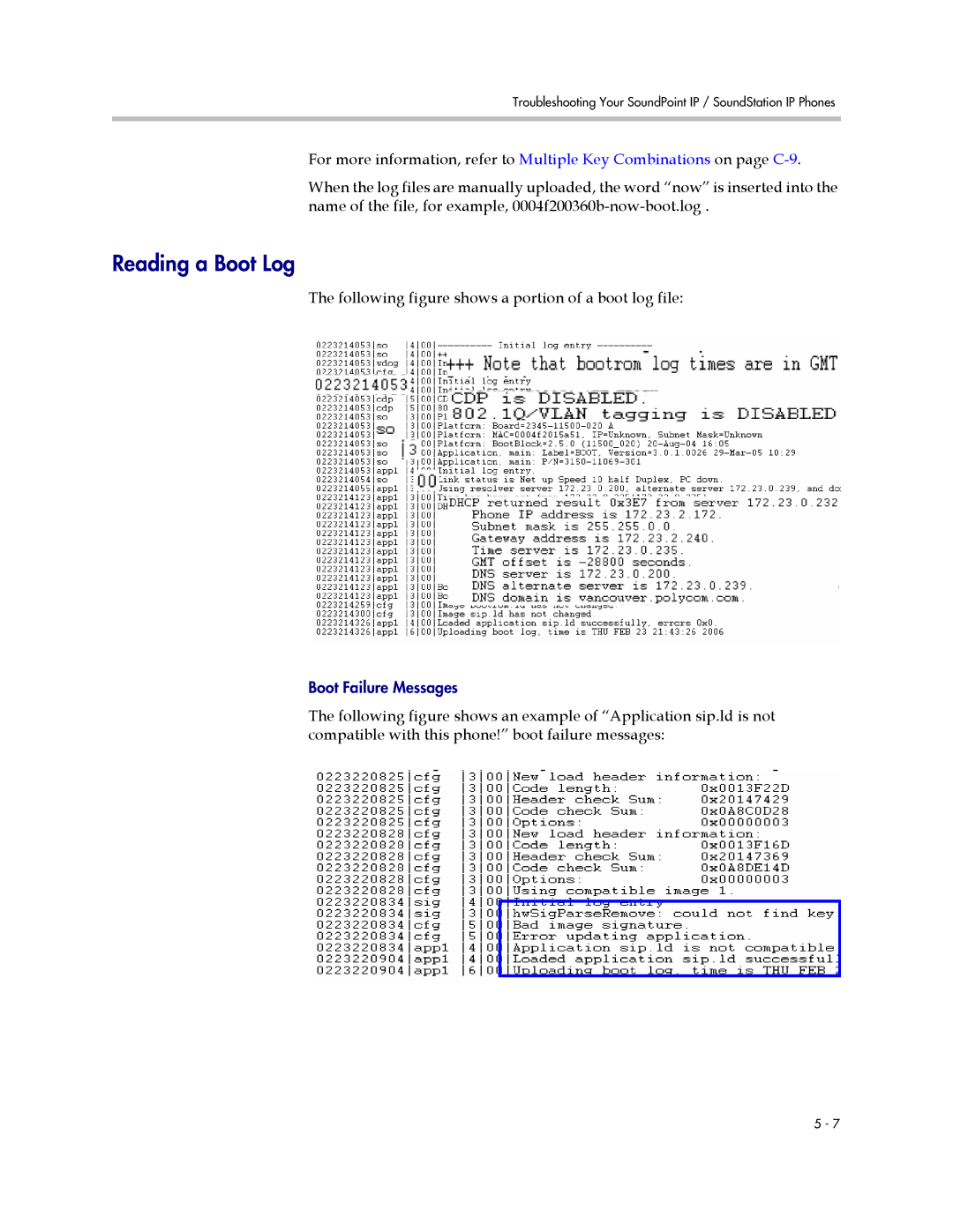 Polycom SIP 2.2.2 manual Reading a Boot Log, Following figure shows a portion of a boot log file 