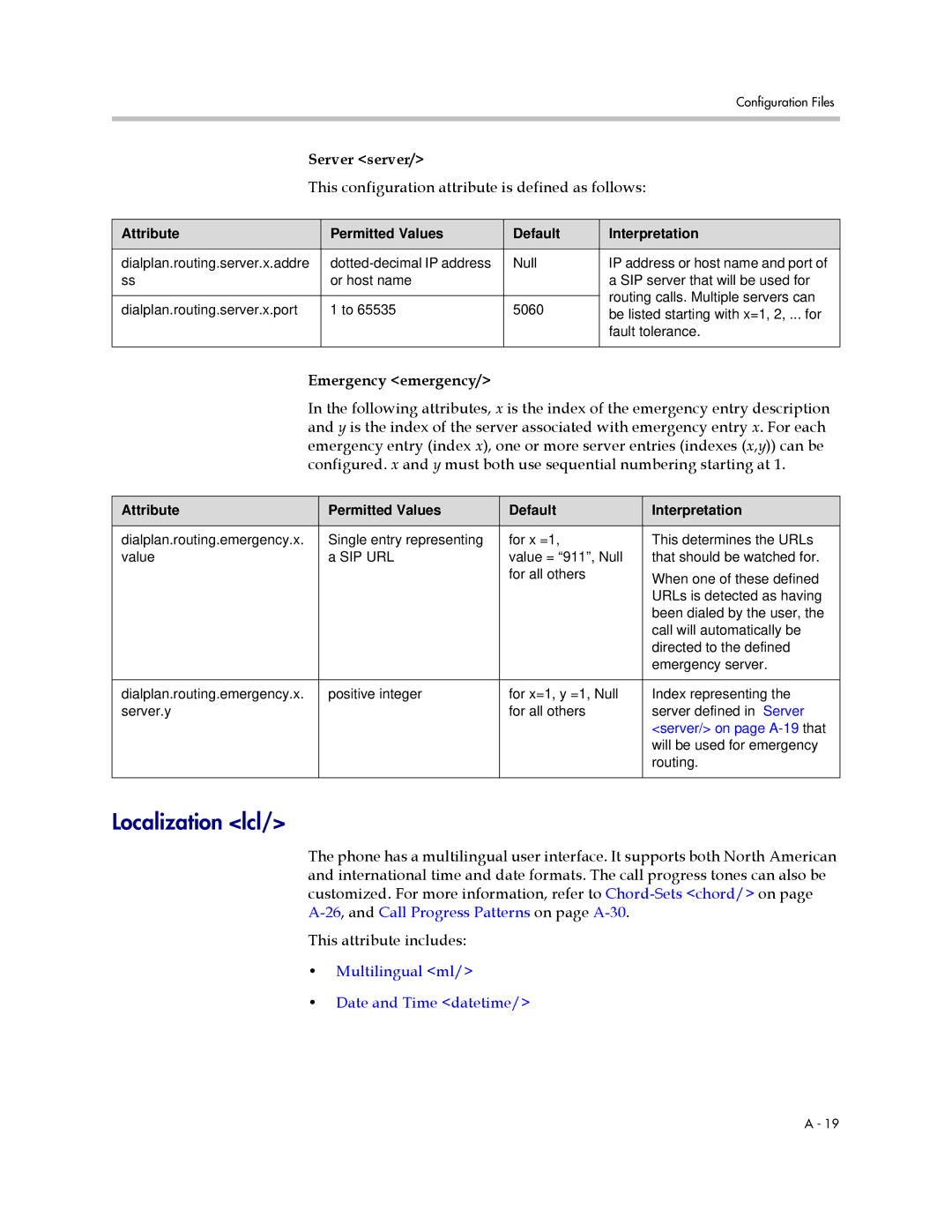 Polycom SIP 2.2.2 manual Localization lcl, Server server, Emergency emergency, Multilingual ml Date and Time datetime 