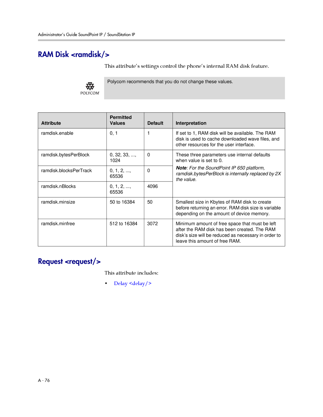 Polycom SIP 2.2.2 manual RAM Disk ramdisk, Request request, Delay delay, Value 