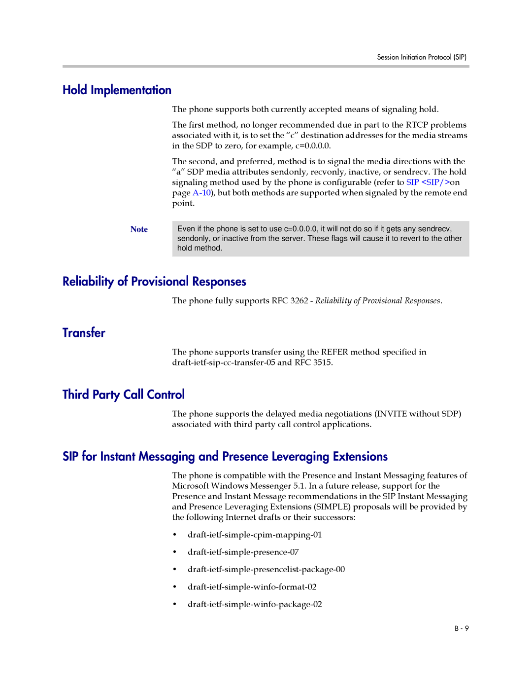 Polycom SIP 2.2.2 manual Hold Implementation, Reliability of Provisional Responses, Transfer, Third Party Call Control 