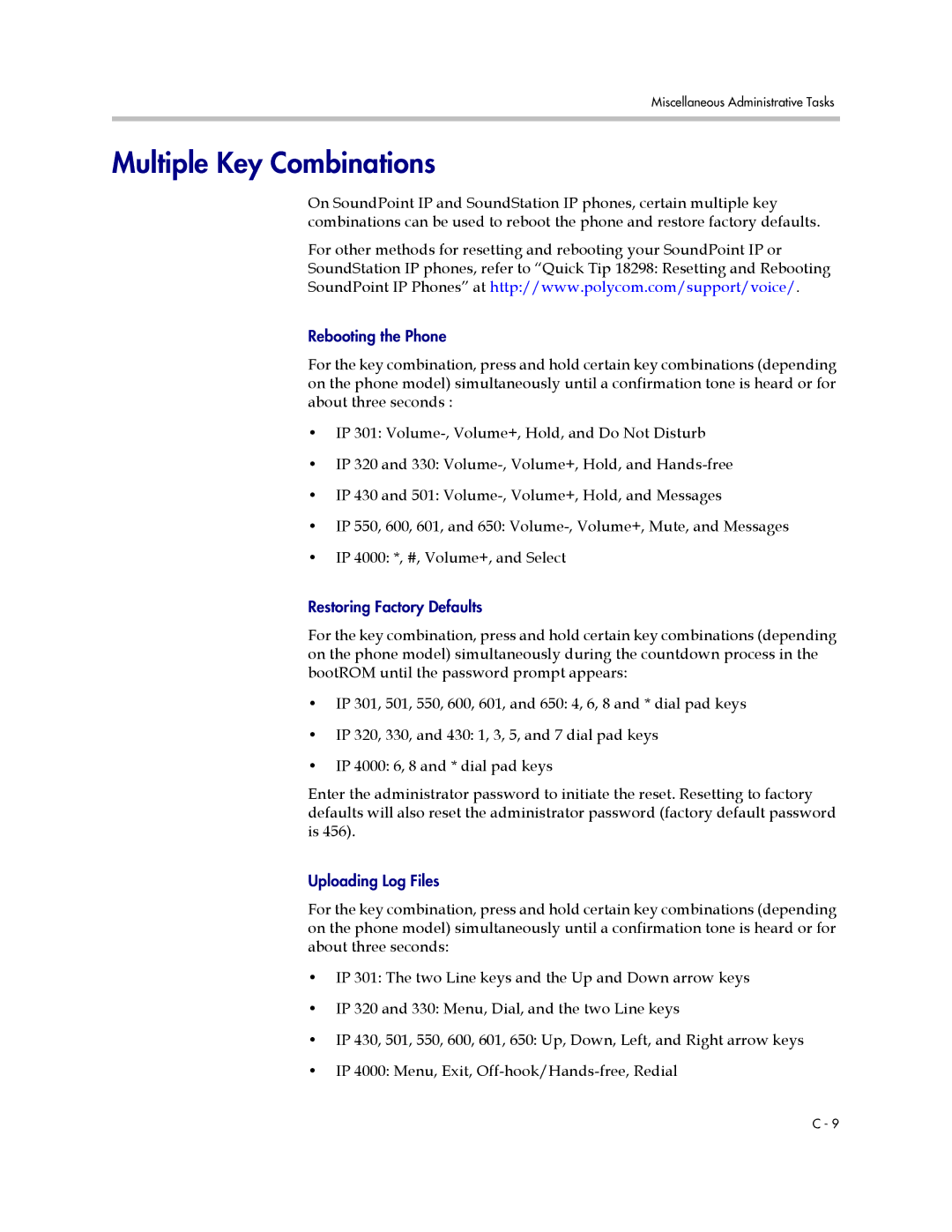 Polycom SIP 2.2.2 manual Multiple Key Combinations 