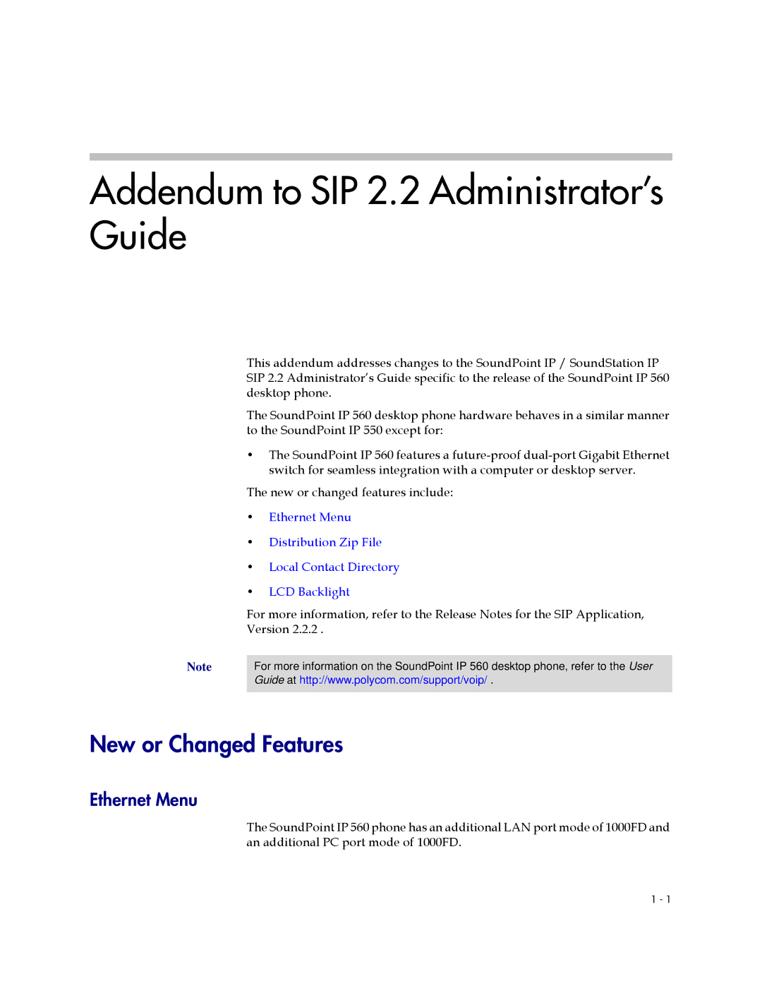 Polycom SIP 2.2.2 manual New or Changed Features, Ethernet Menu 