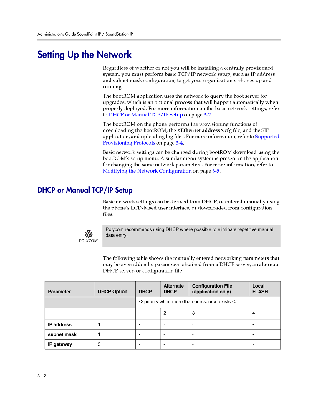 Polycom SIP 2.2.2 manual Setting Up the Network, Dhcp or Manual TCP/IP Setup 