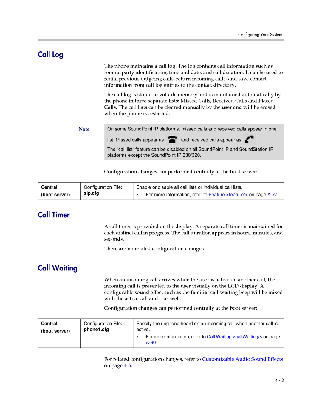 Polycom SIP 2.2.2 manual Call Log, Call Timer, Call Waiting 