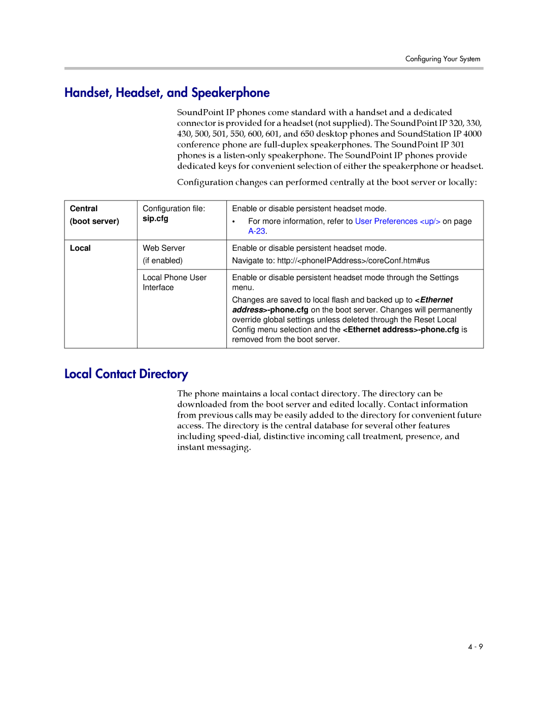 Polycom SIP 2.2.2 manual Handset, Headset, and Speakerphone, Local Contact Directory 