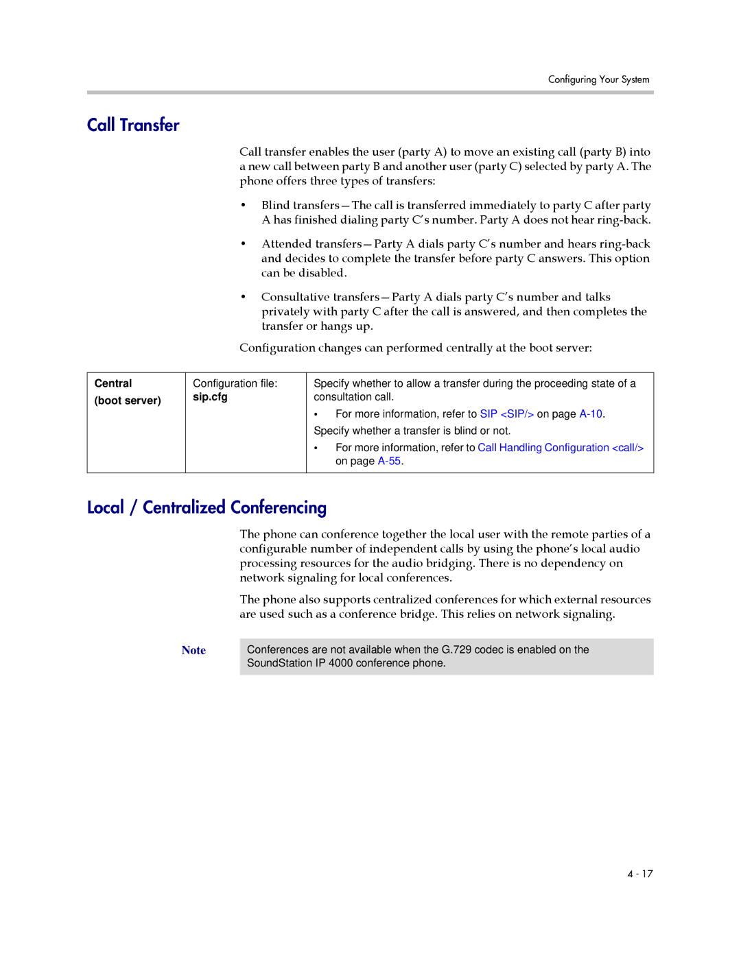 Polycom SIP 2.2.2 manual Call Transfer, Local / Centralized Conferencing 