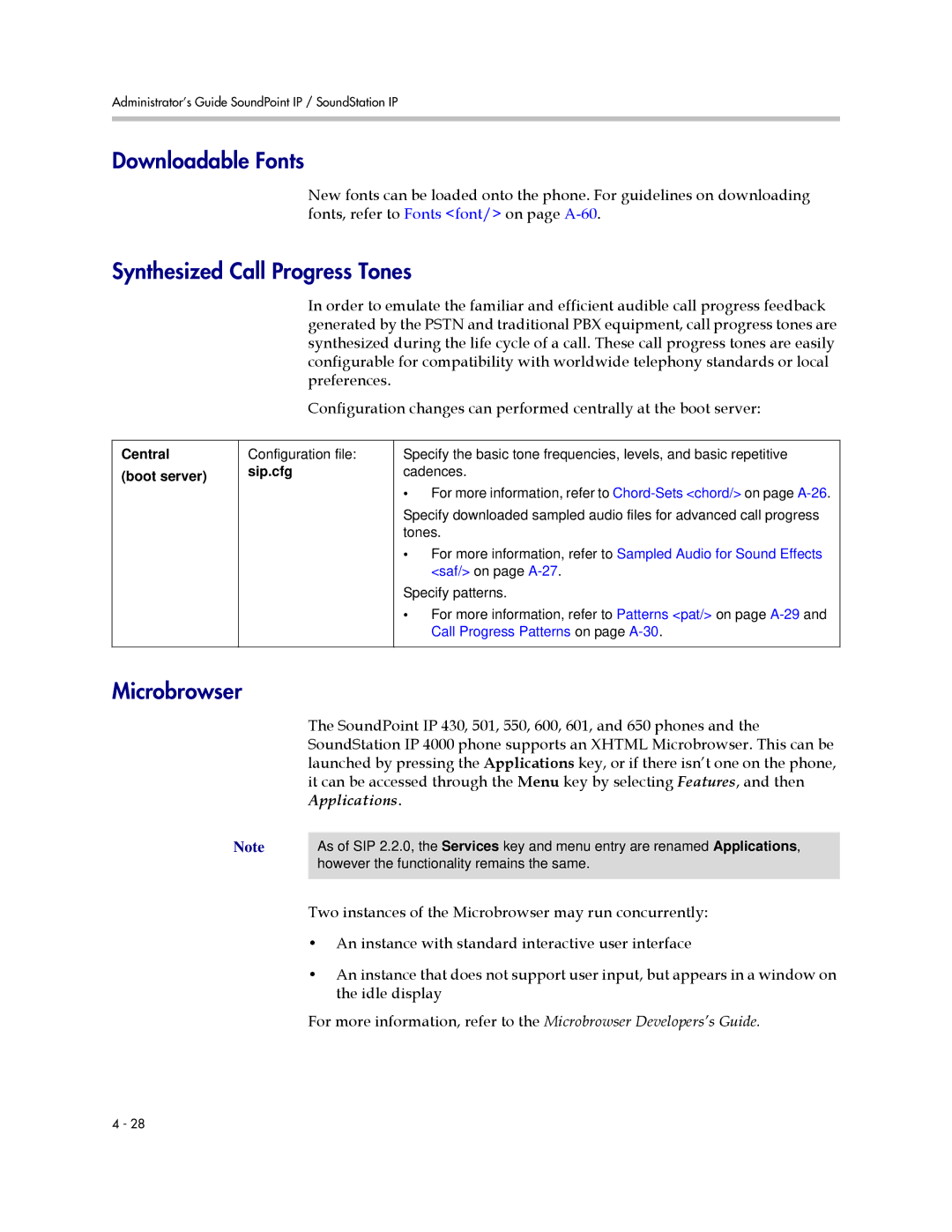 Polycom SIP 2.2.2 manual Downloadable Fonts, Synthesized Call Progress Tones, Microbrowser 