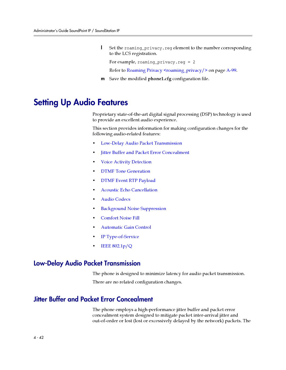 Polycom SIP 2.2.2 manual Setting Up Audio Features, Low-Delay Audio Packet Transmission 