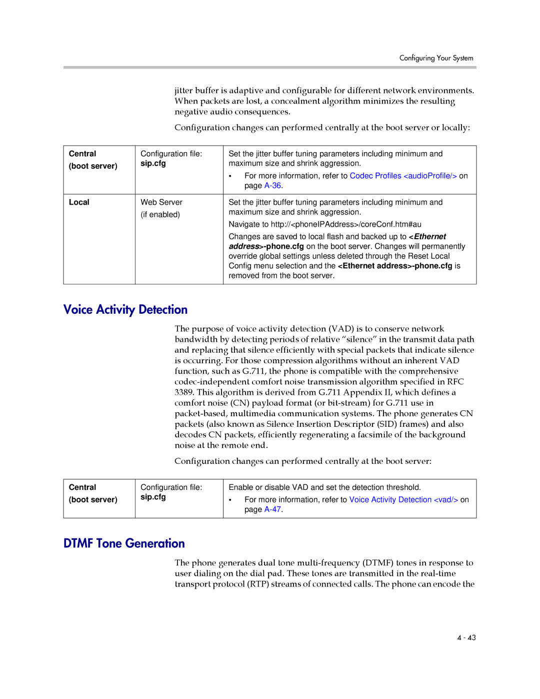 Polycom SIP 2.2.2 manual Voice Activity Detection, Dtmf Tone Generation, Negative audio consequences 