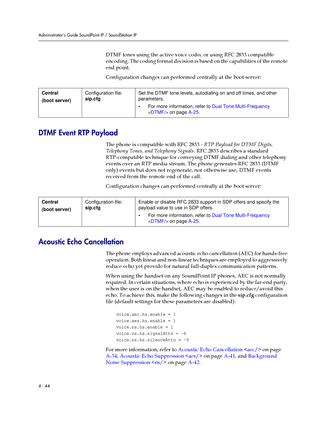 Polycom SIP 2.2.2 manual Dtmf Event RTP Payload, Acoustic Echo Cancellation 