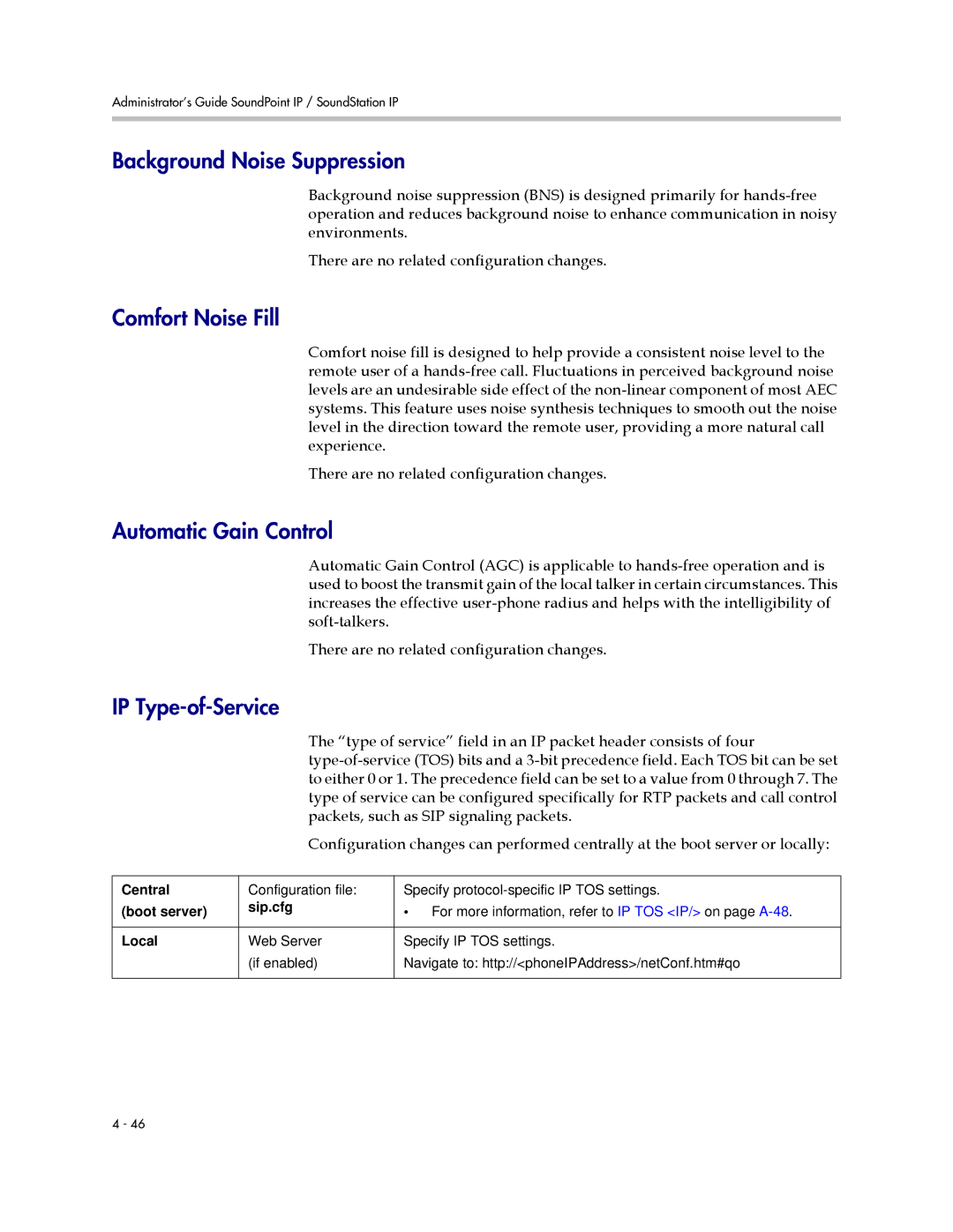 Polycom SIP 2.2.2 manual Background Noise Suppression, Comfort Noise Fill, Automatic Gain Control, IP Type-of-Service 