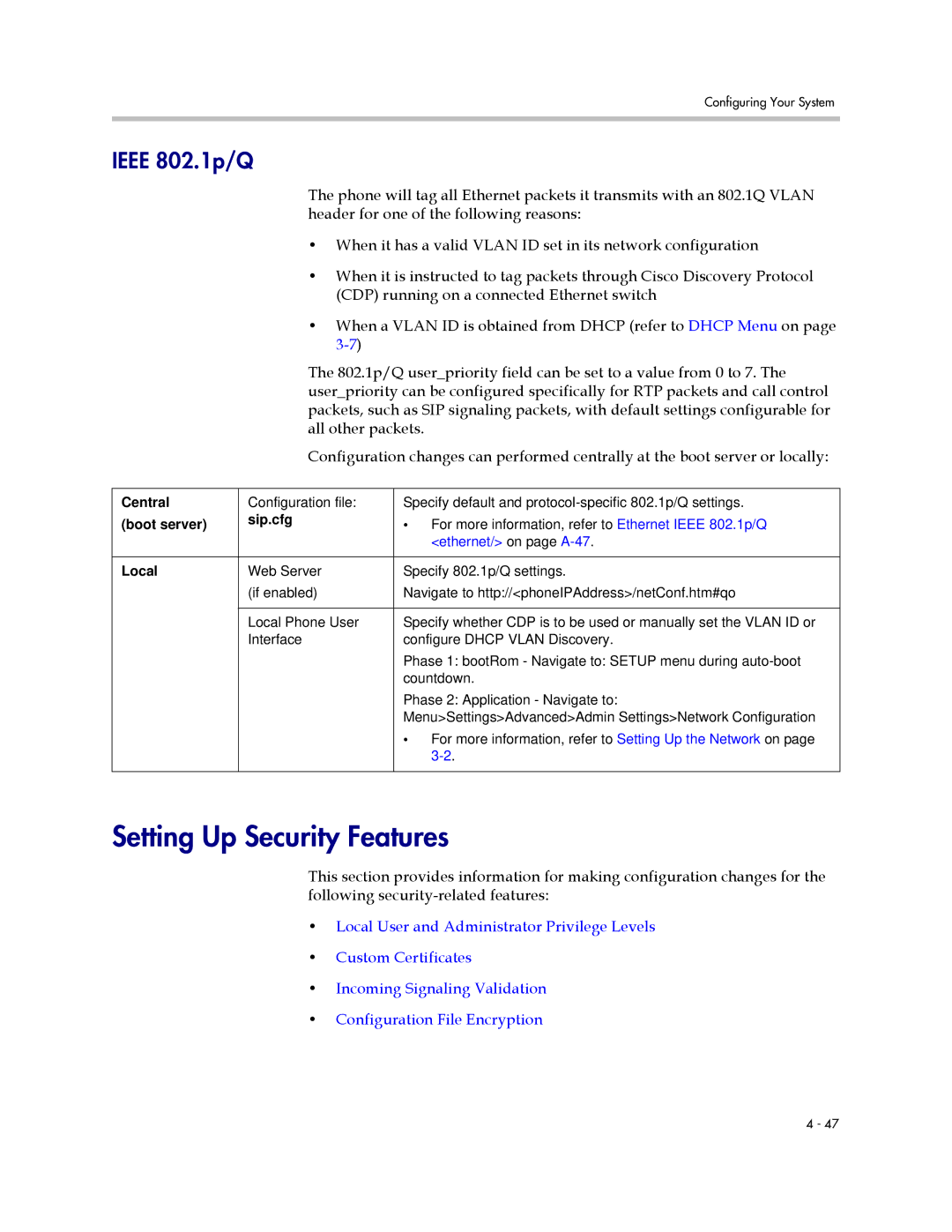 Polycom SIP 2.2.2 manual Setting Up Security Features, Ieee 802.1p/Q 