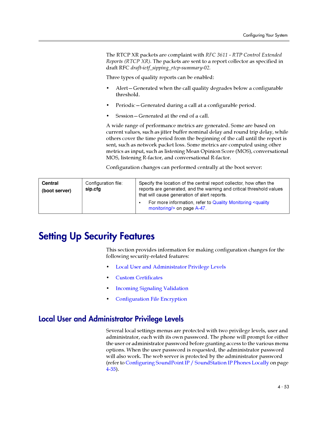 Polycom SIP 3.0.2 manual Setting Up Security Features, Local User and Administrator Privilege Levels 