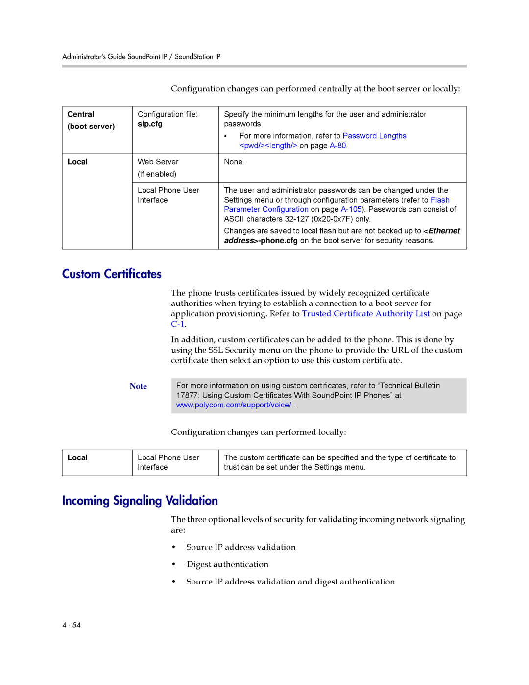 Polycom SIP 3.0.2 manual Custom Certificates, Incoming Signaling Validation, Configuration changes can performed locally 