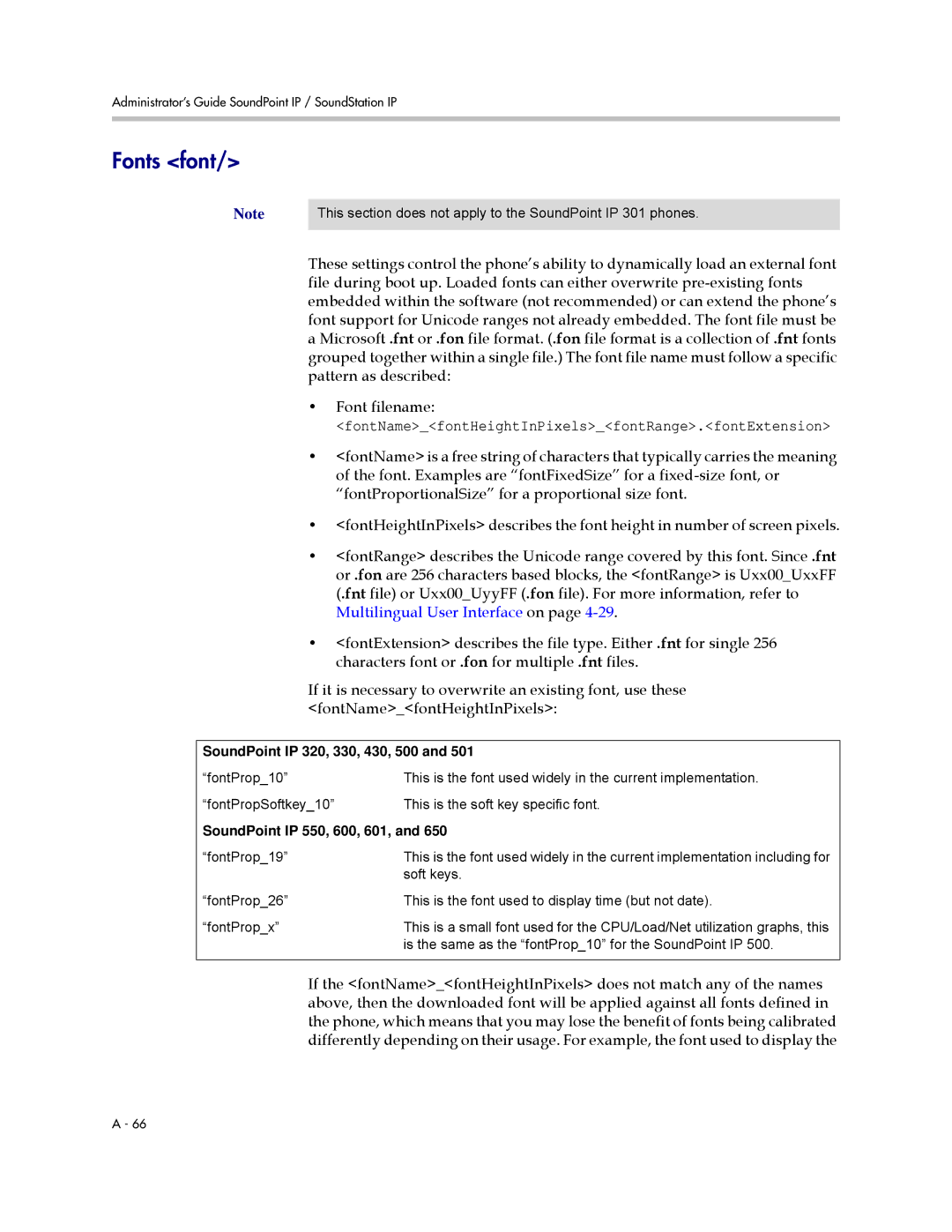 Polycom SIP 3.0.2 manual Fonts font, SoundPoint IP 320, 330, 430, 500, SoundPoint IP 550, 600, 601 