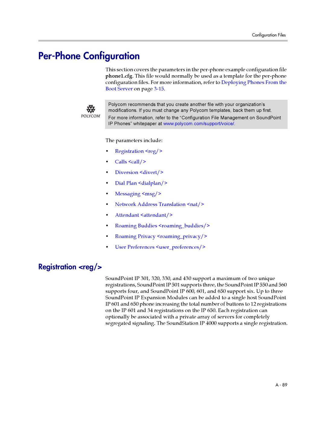 Polycom SIP 3.0.2 manual Per-Phone Configuration, Registration reg, Parameters include 