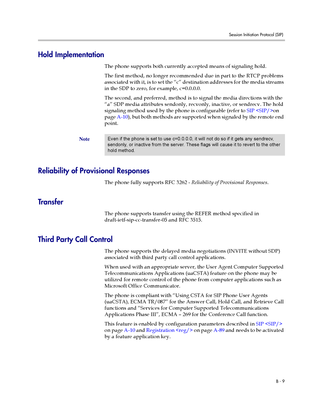 Polycom SIP 3.0.2 manual Hold Implementation, Reliability of Provisional Responses, Transfer, Third Party Call Control 