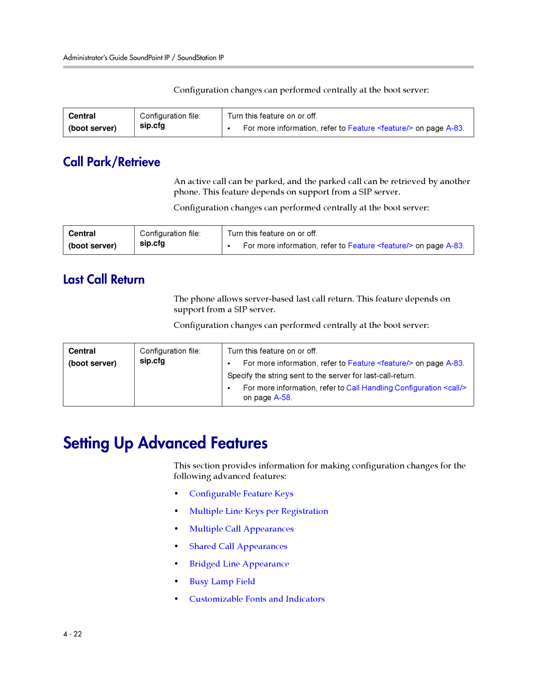 Polycom SIP 3.0.2 manual Setting Up Advanced Features, Call Park/Retrieve, Last Call Return 