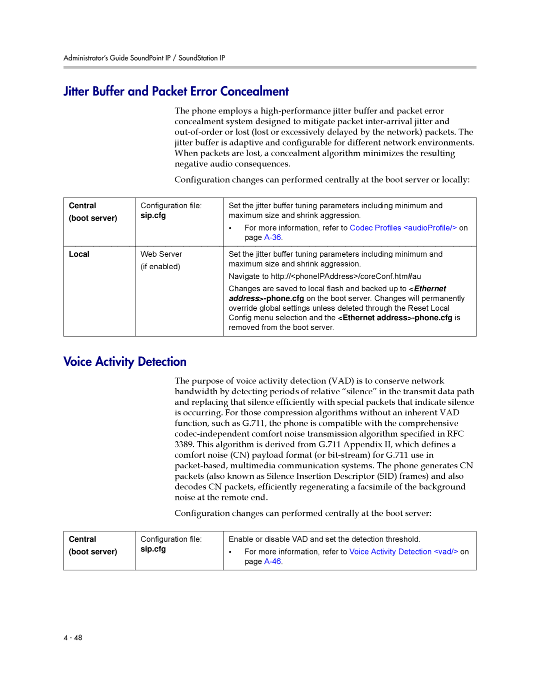 Polycom SIP 3.0.2 manual Jitter Buffer and Packet Error Concealment, Voice Activity Detection 