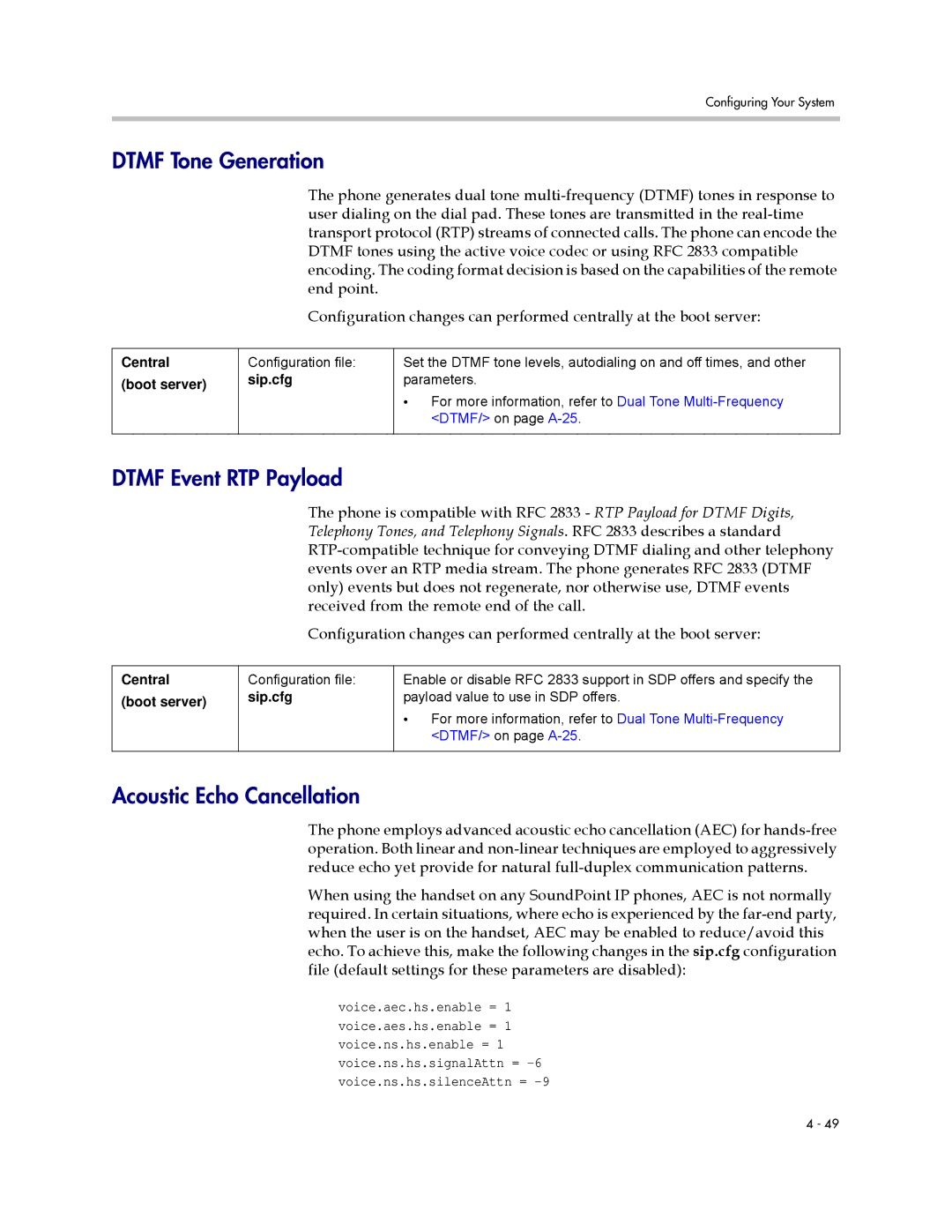 Polycom SIP 3.0.2 manual Dtmf Tone Generation, Dtmf Event RTP Payload, Acoustic Echo Cancellation 