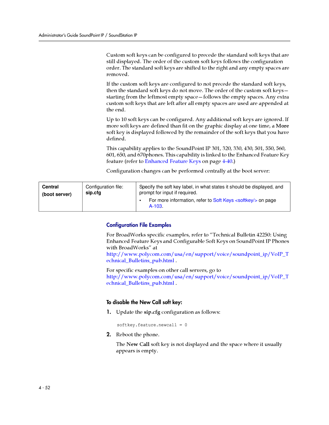 Polycom SIP 3.1 manual Update the sip.cfg configuration as follows, 103, Softkey.feature.newcall = 