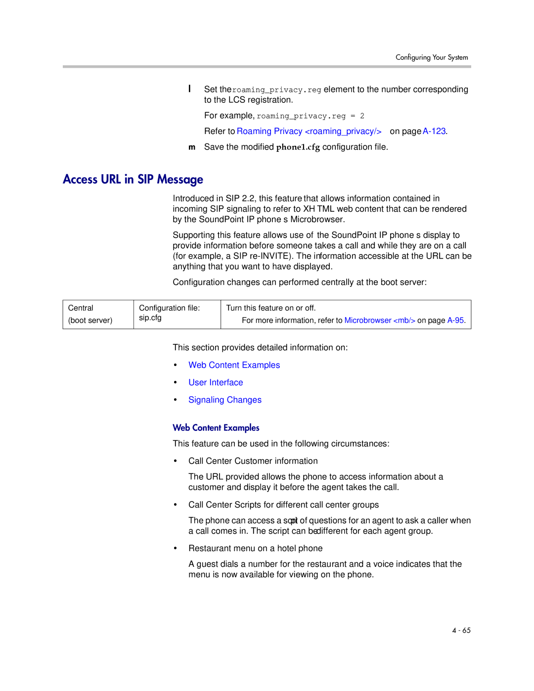 Polycom SIP 3.1 manual Access URL in SIP Message, Web Content Examples User Interface Signaling Changes 