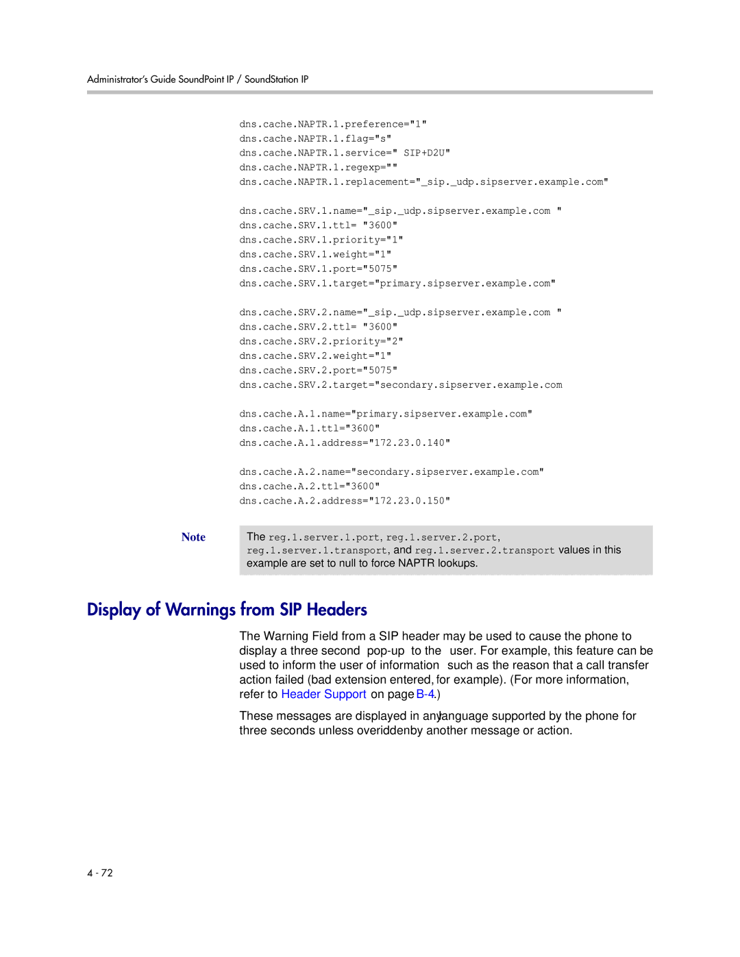 Polycom SIP 3.1 manual Display of Warnings from SIP Headers 