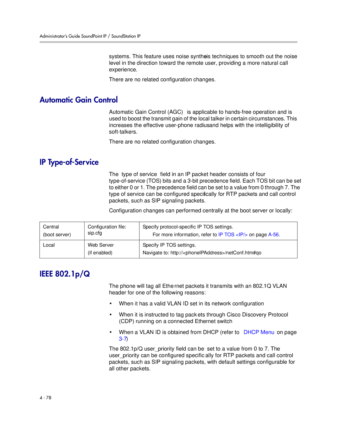 Polycom SIP 3.1 manual Automatic Gain Control, IP Type-of-Service, Ieee 802.1p/Q 