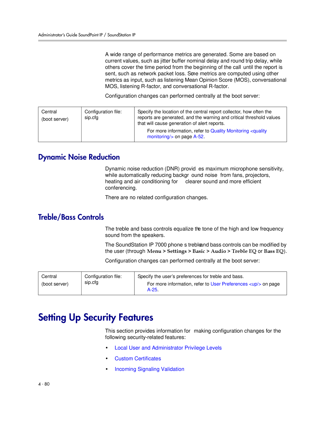 Polycom SIP 3.1 Setting Up Security Features, Dynamic Noise Reduction, Treble/Bass Controls, Monitoring/ on page A-52 