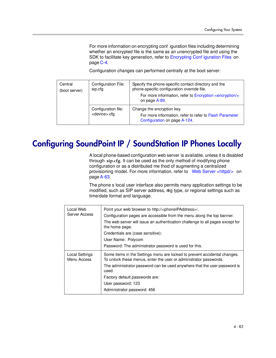 Polycom SIP 3.1 manual Configuring SoundPoint IP / SoundStation IP Phones Locally, Device.cfg, Configuration on page A-124 