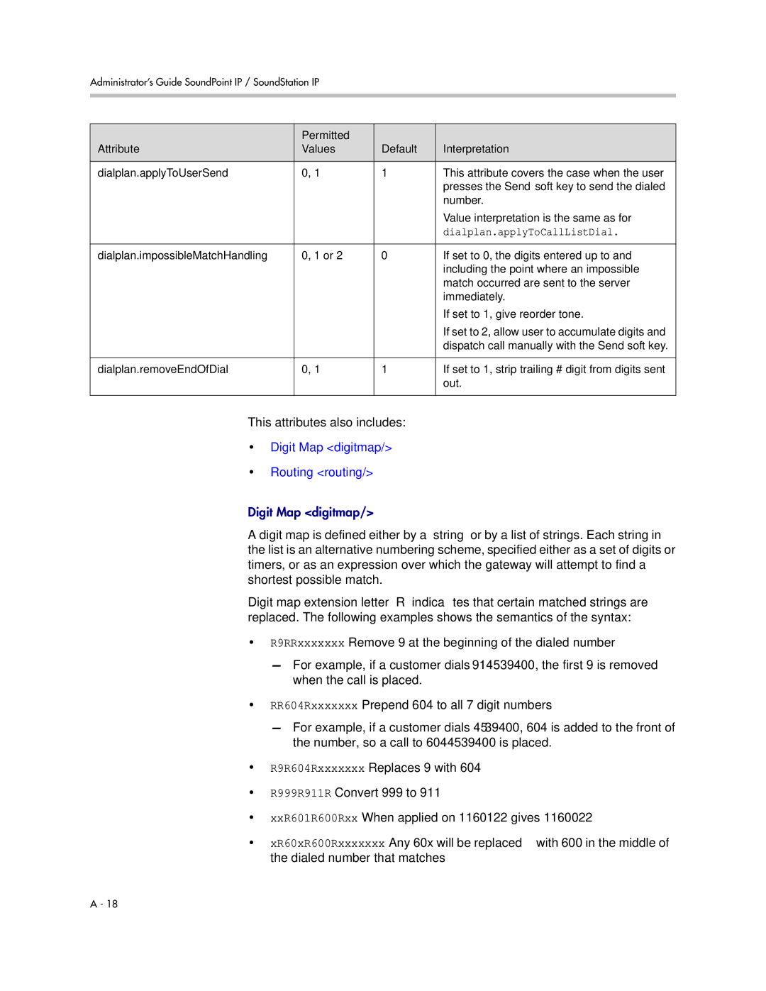 Polycom SIP 3.1 manual This attributes also includes, Digit Map digitmap Routing routing 