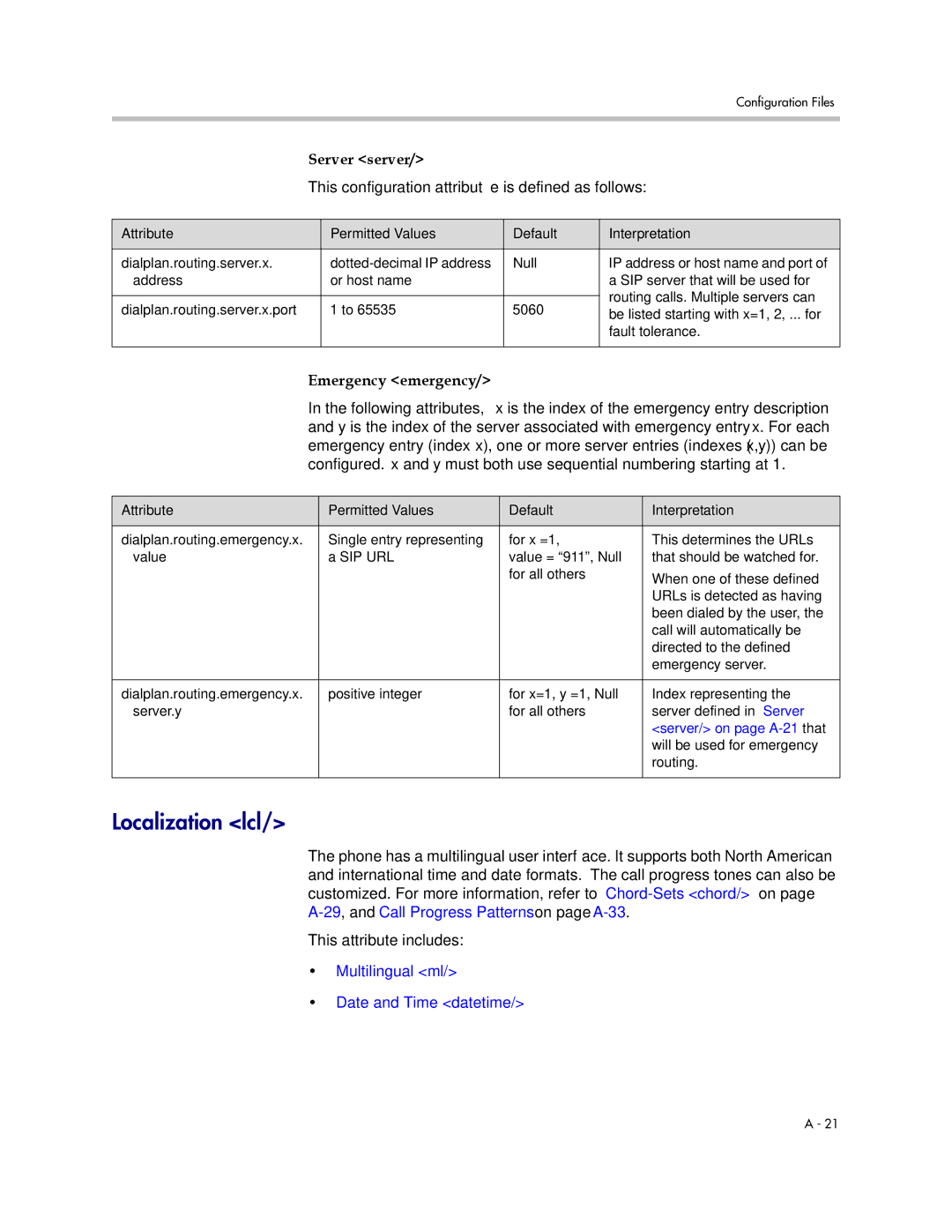 Polycom SIP 3.1 manual Localization lcl, Server server, Emergency emergency, Multilingual ml Date and Time datetime 