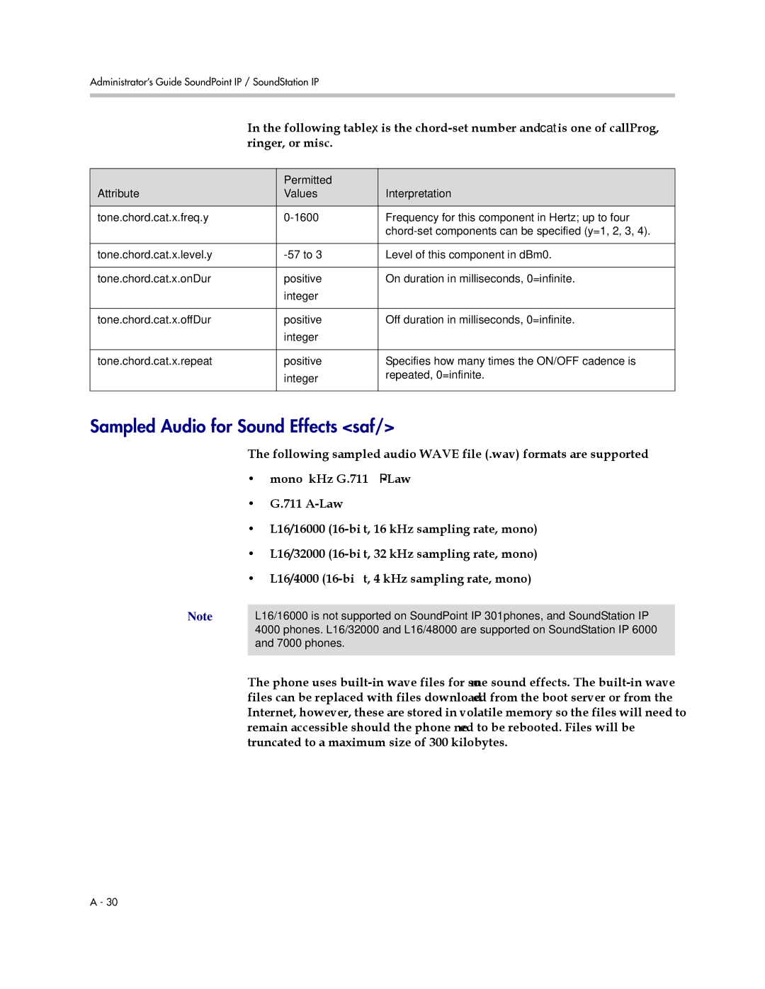 Polycom SIP 3.1 manual Sampled Audio for Sound Effects saf, Permitted Attribute Values Interpretation 