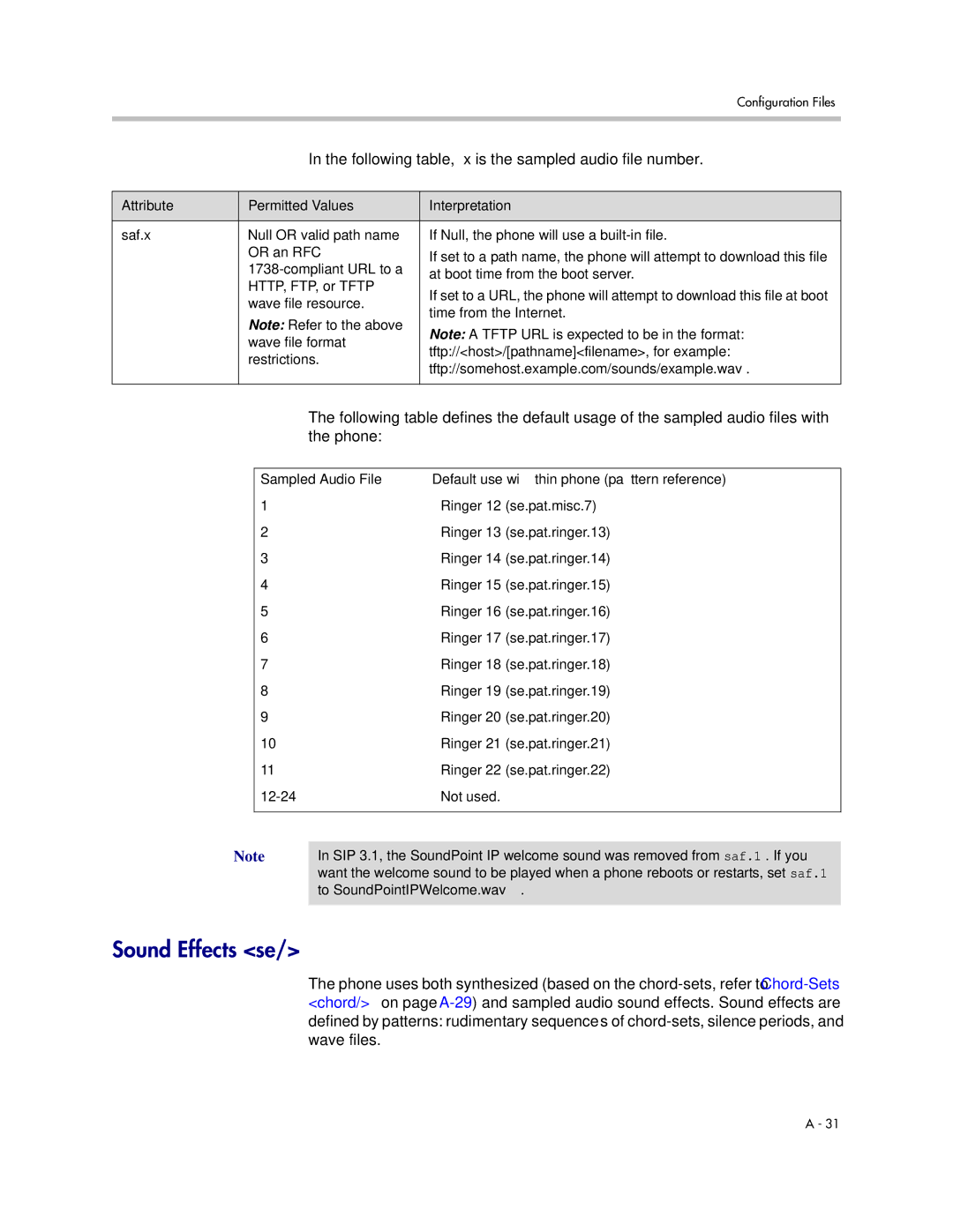 Polycom SIP 3.1 manual Sound Effects se, Following table, x is the sampled audio file number, To SoundPointIPWelcome.wav 