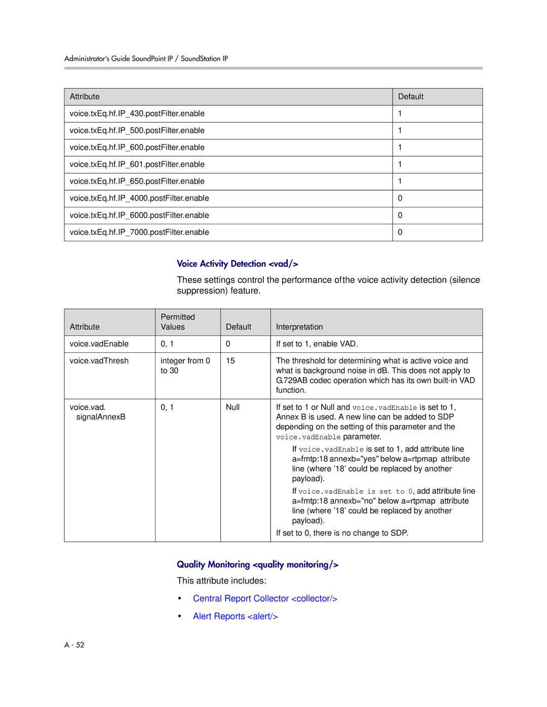 Polycom SIP 3.1 manual Central Report Collector collector Alert Reports alert, Voice.vadEnable parameter 