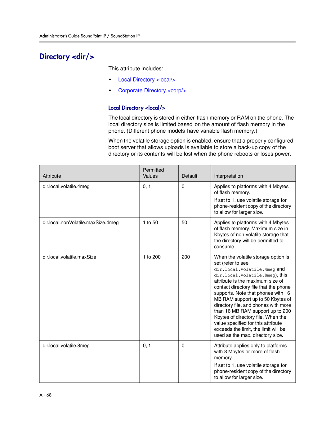 Polycom SIP 3.1 manual Directory dir, Local Directory local Corporate Directory corp, Dir.local.volatile.4meg 