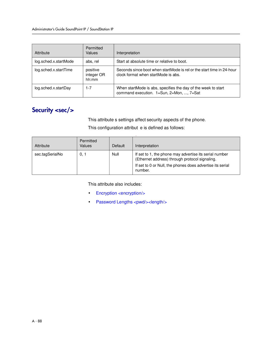 Polycom SIP 3.1 manual Security sec, Encryption encryption Password Lengths pwd/length 