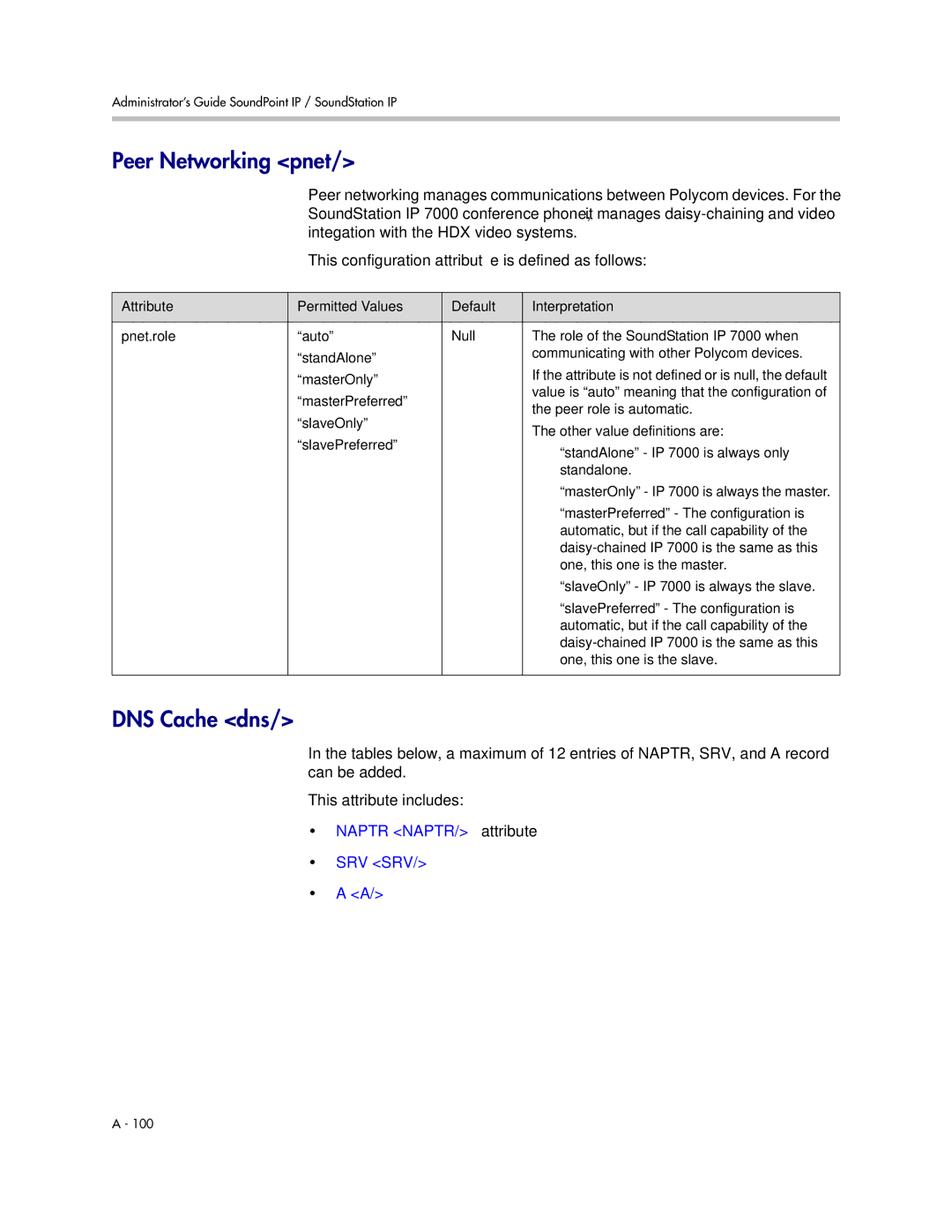 Polycom SIP 3.1 manual Peer Networking pnet, DNS Cache dns, Naptr NAPTR/ attribute SRV SRV 