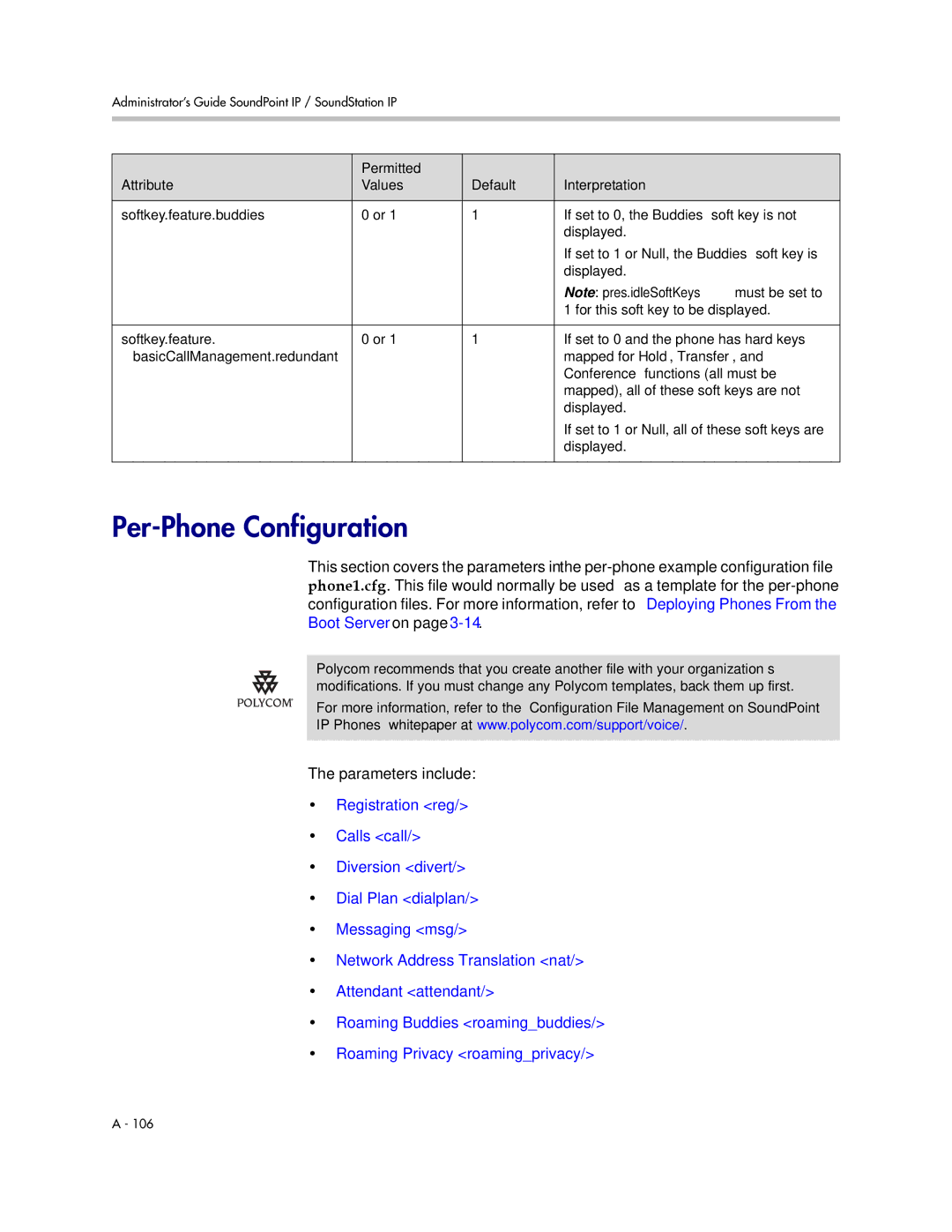 Polycom SIP 3.1 manual Per-Phone Configuration, Parameters include 