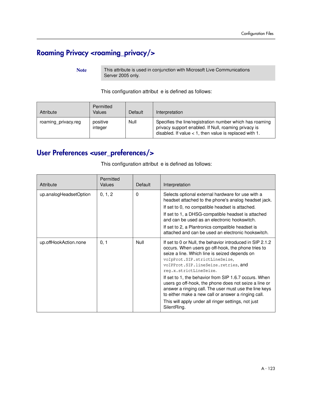 Polycom SIP 3.1 manual Roaming Privacy roamingprivacy, User Preferences userpreferences, VoIpProt.SIP.strictLineSeize 