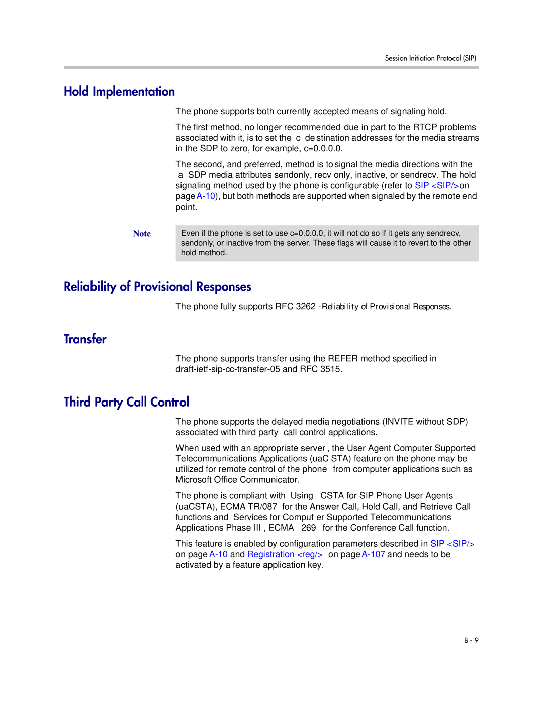 Polycom SIP 3.1 manual Hold Implementation, Reliability of Provisional Responses, Transfer, Third Party Call Control 