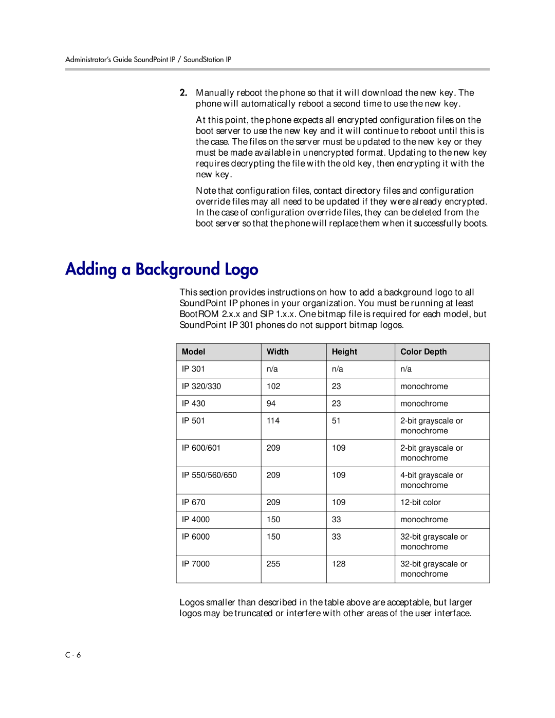 Polycom SIP 3.1 manual Adding a Background Logo, Model Width Height Color Depth 