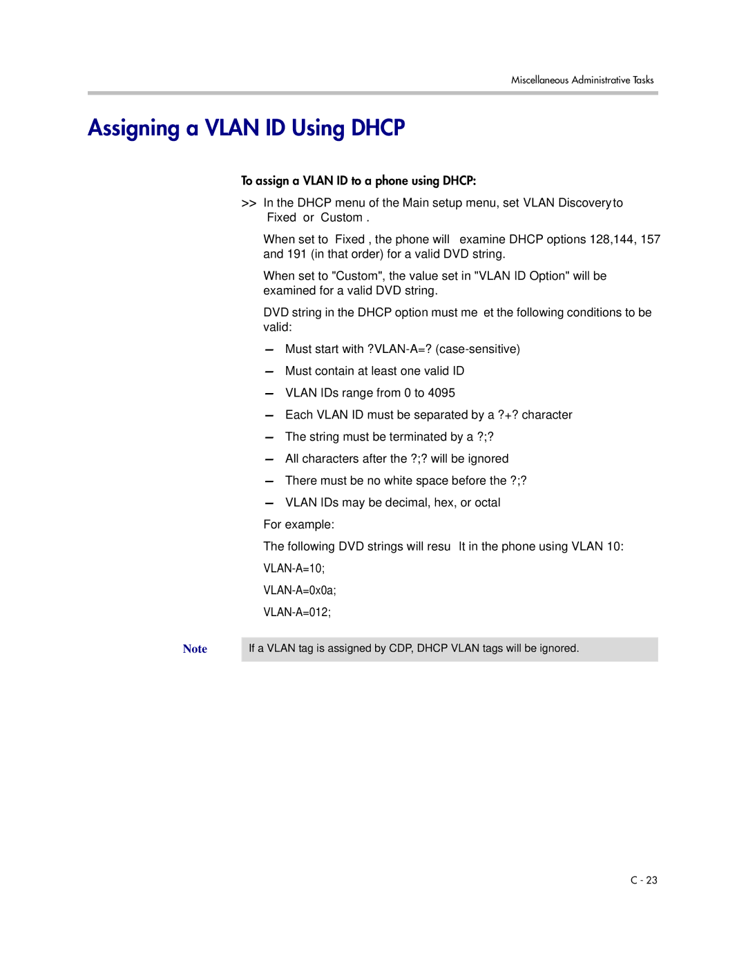 Polycom SIP 3.1 manual Assigning a Vlan ID Using Dhcp, VLAN-A=10 VLAN-A=0x0a VLAN-A=012 