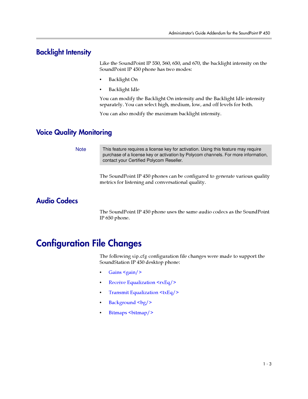 Polycom SIP 3.1 manual Configuration File Changes, Backlight Intensity, Metrics for listening and conversational quality 