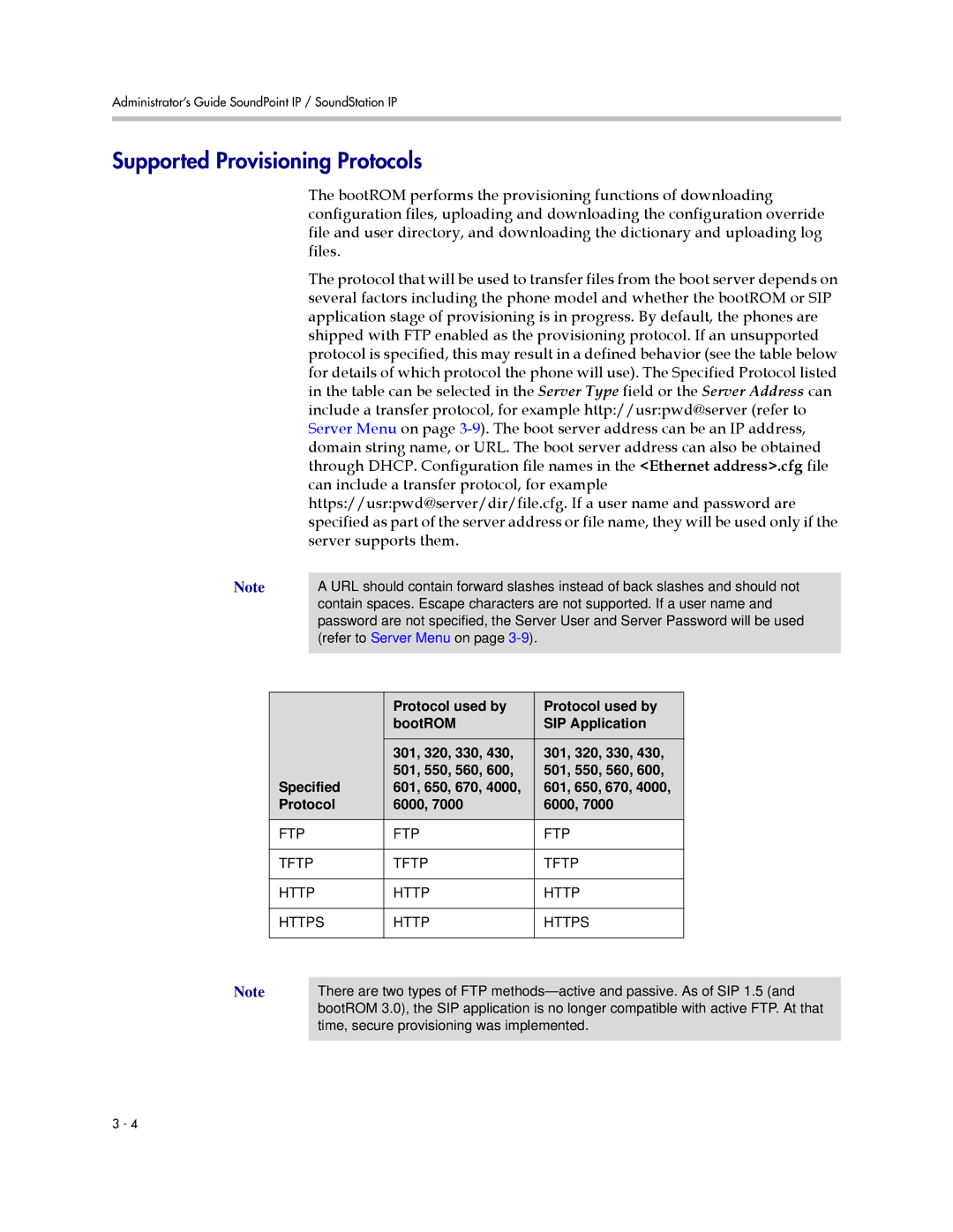 Polycom SIP 3.1 manual Supported Provisioning Protocols, FTP Tftp Http Https 