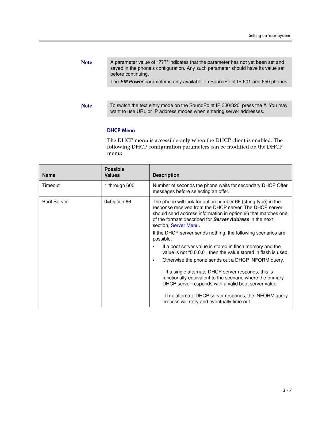 Polycom SIP 3.1 manual Possible Name Values Description, Section, Server Menu 