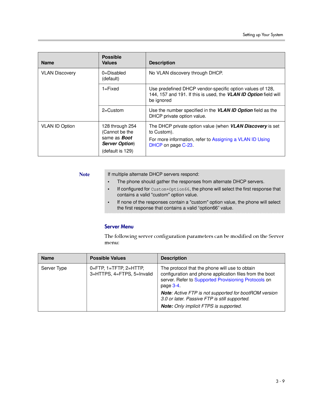 Polycom SIP 3.1 Dhcp on page C-23, Name Possible Values Description, Server. Refer to Supported Provisioning Protocols on 