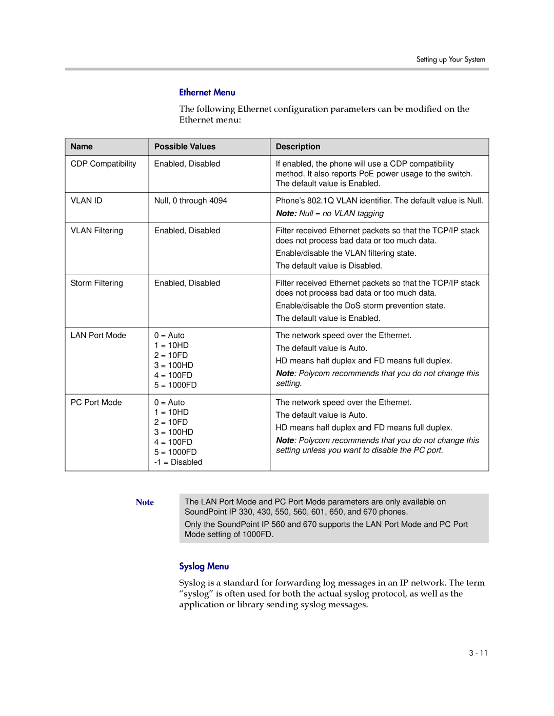 Polycom SIP 3.1 manual Ethernet menu, Setting unless you want to disable the PC port 