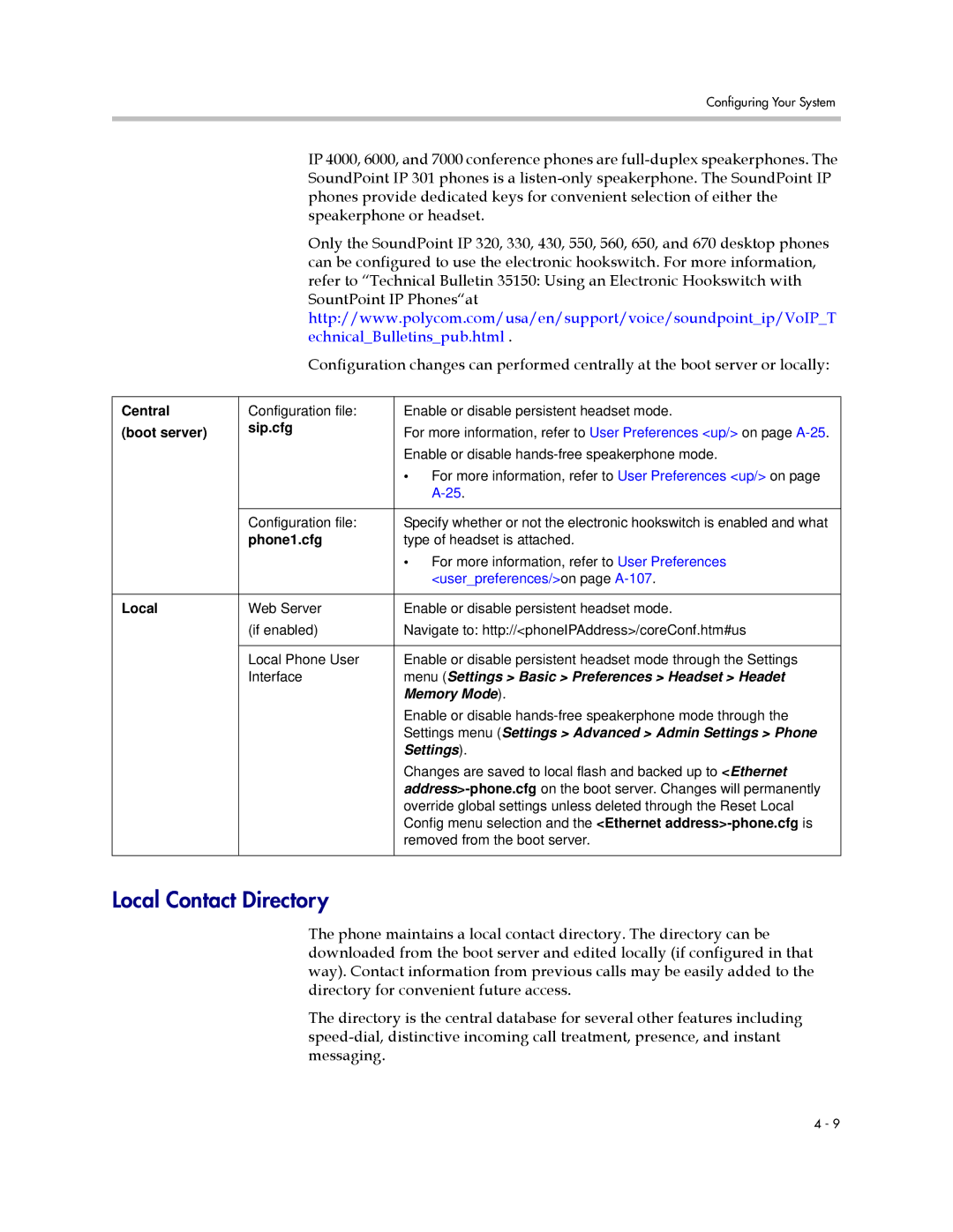 Polycom SIP 3.1 manual Local Contact Directory, Userpreferences/on page A-107 