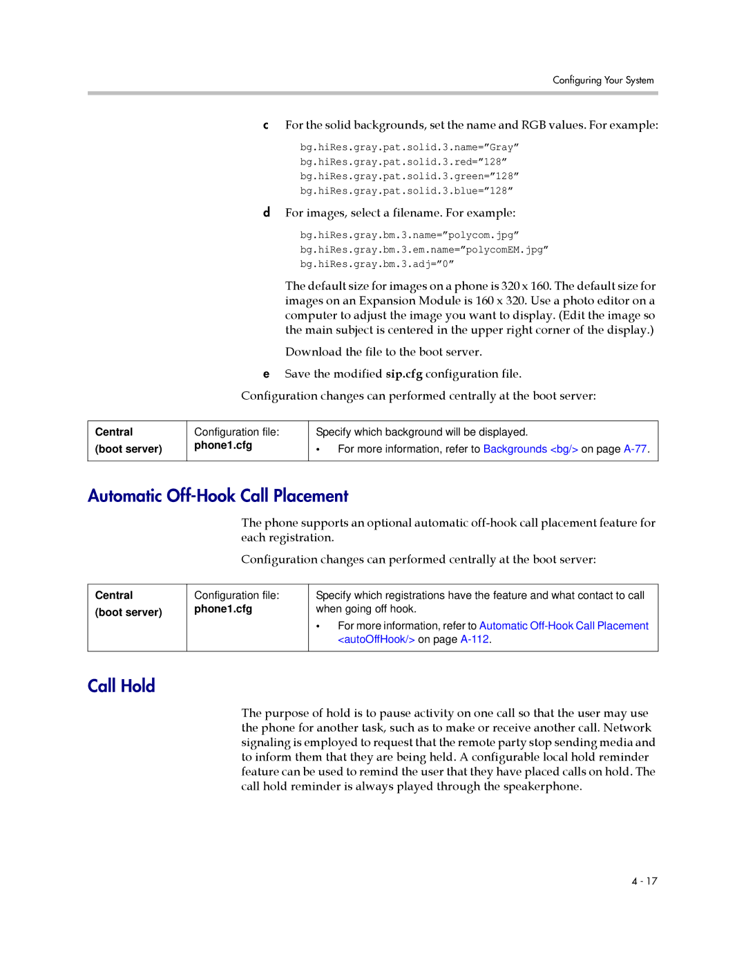 Polycom SIP 3.1 manual Automatic Off-Hook Call Placement, Call Hold, For images, select a filename. For example 